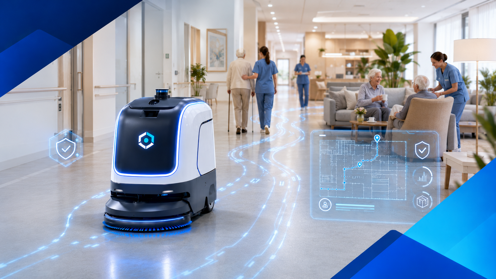 Autonomer Reinigungsroboter in einem Pflegeheim mit digitaler Wegeplanung und Akzeptanzsteuerung