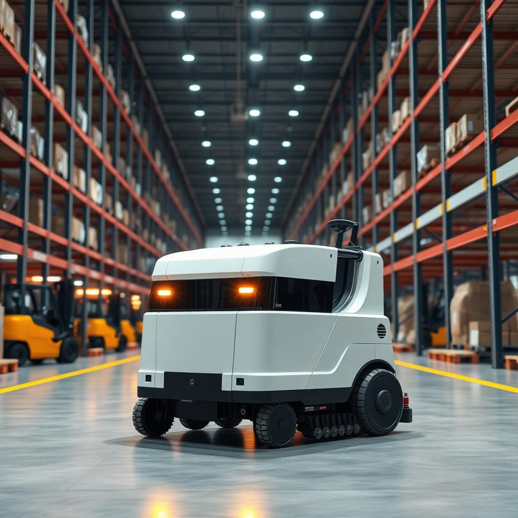Reinigungsroboter zwischen Hochregalen in einem Logistikzentrum