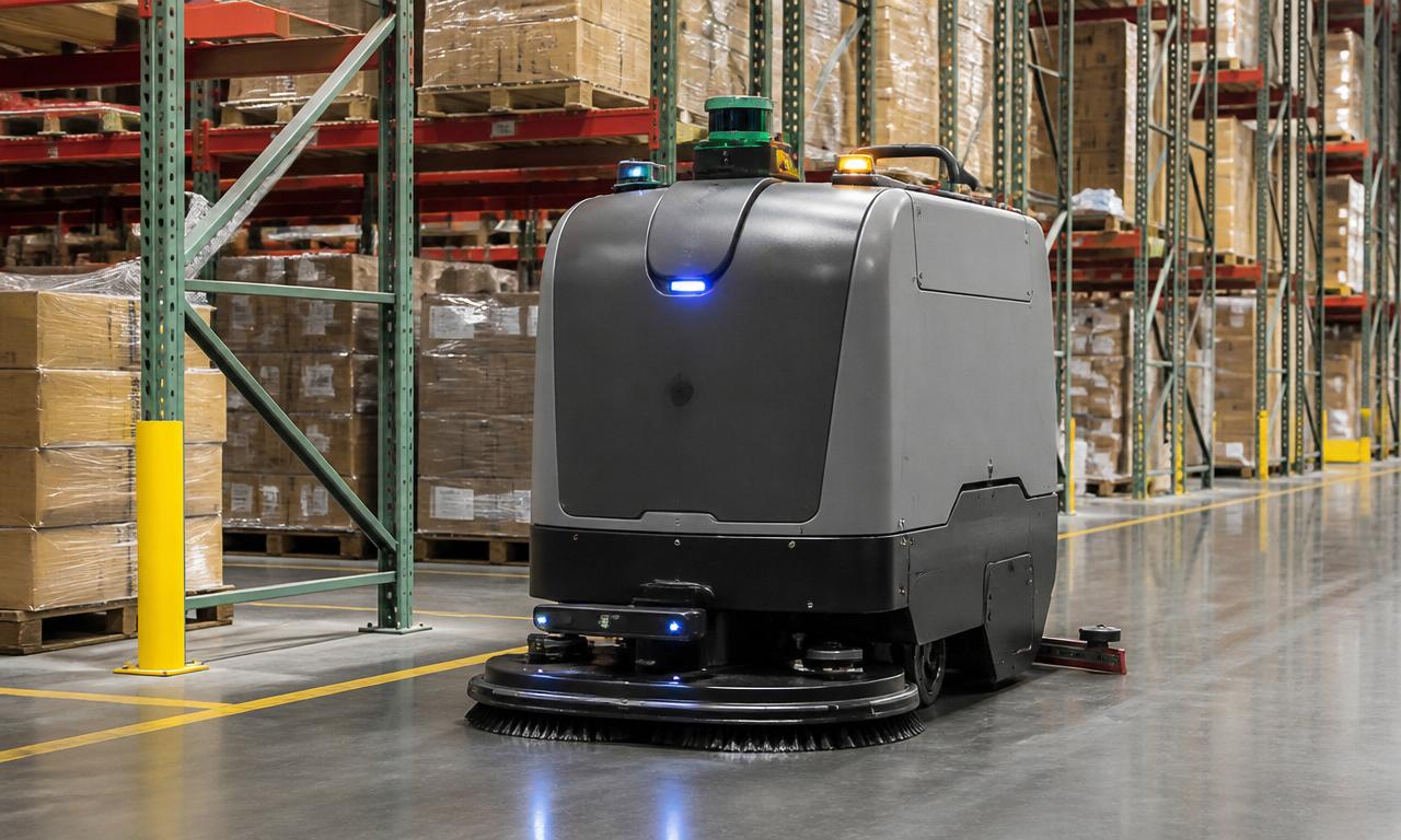 Industrieller Scheuersaugroboter in Logistikhalle