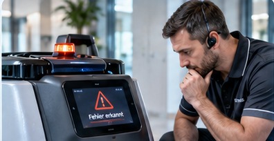 Mitarbeiter analysiert eine Roboterstörung mit CLEANVOIZ-Soforthilfe