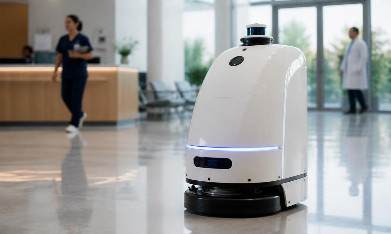 Reinigungsroboter in modernem Krankenhausfoyer