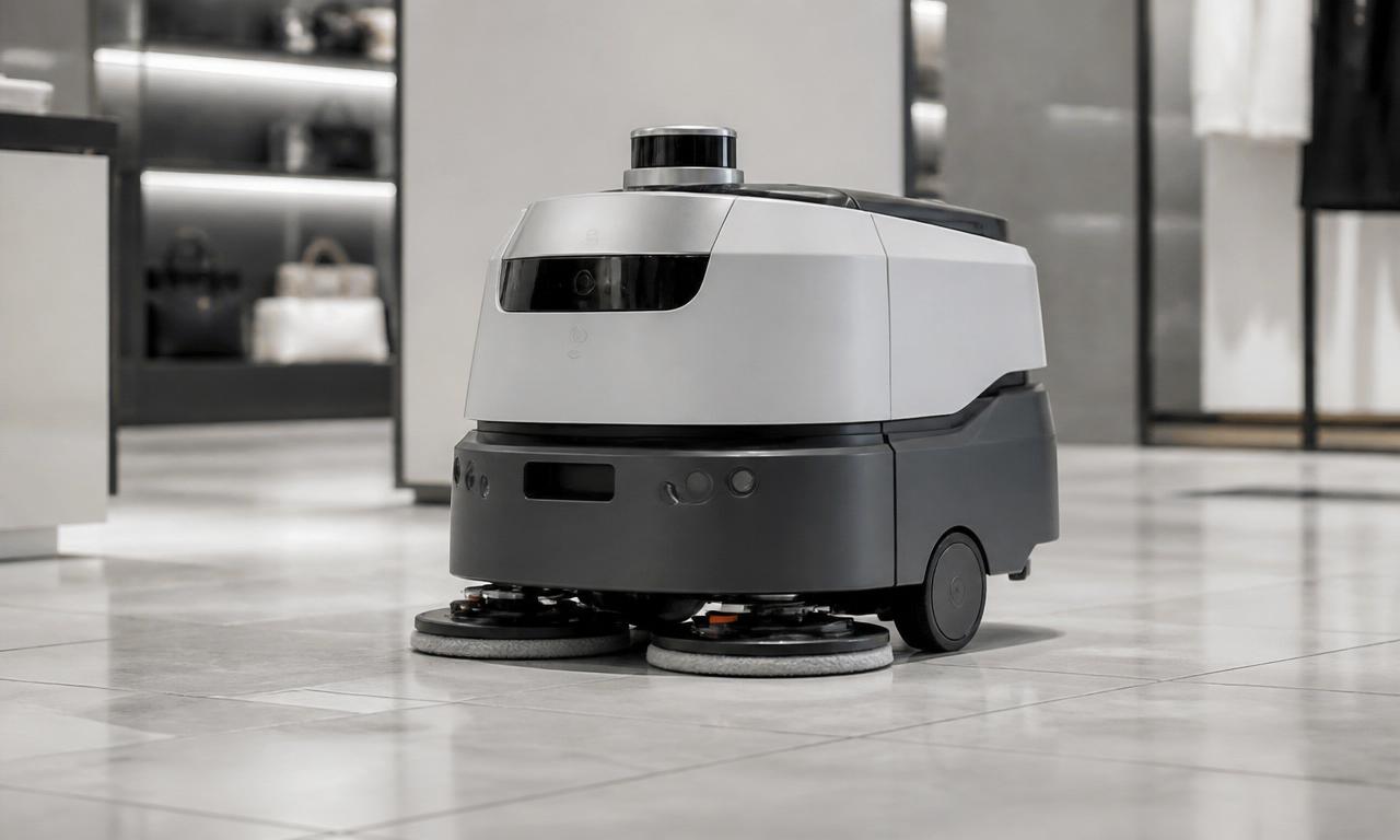 Kompakter Reinigungsroboter auf modernem Boden