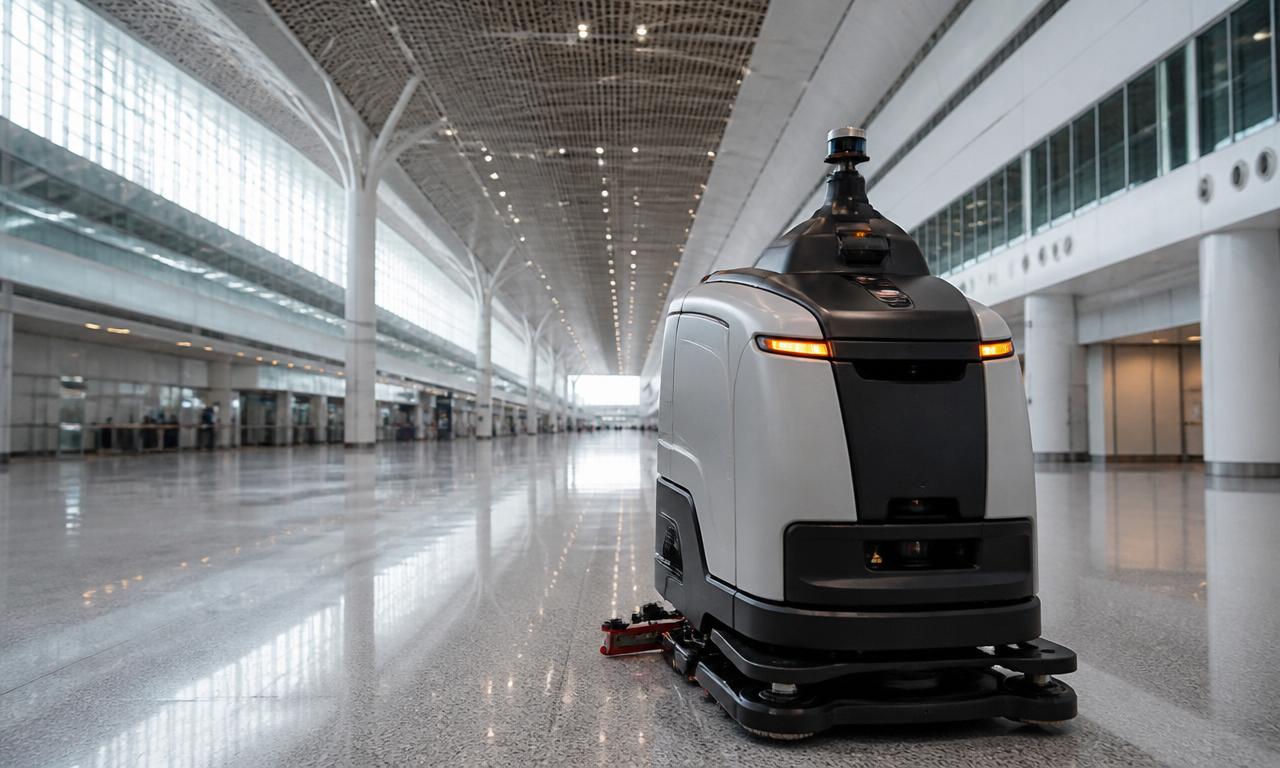 Großer autonomer Scheuersaugroboter in Flughafenterminal