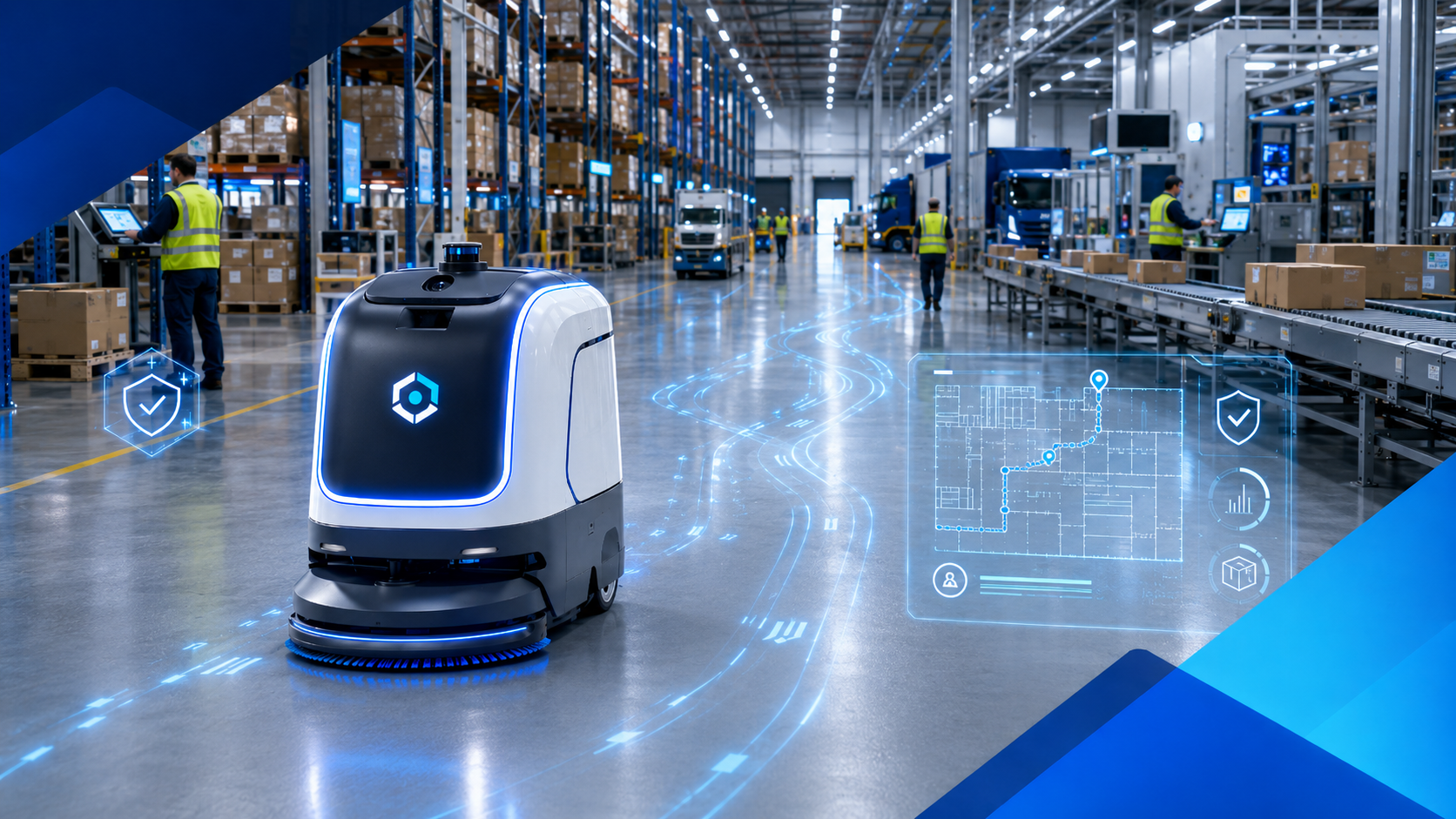 Autonomer Reinigungsroboter in einem modernen Logistikzentrum mit digitaler Wegeplanung