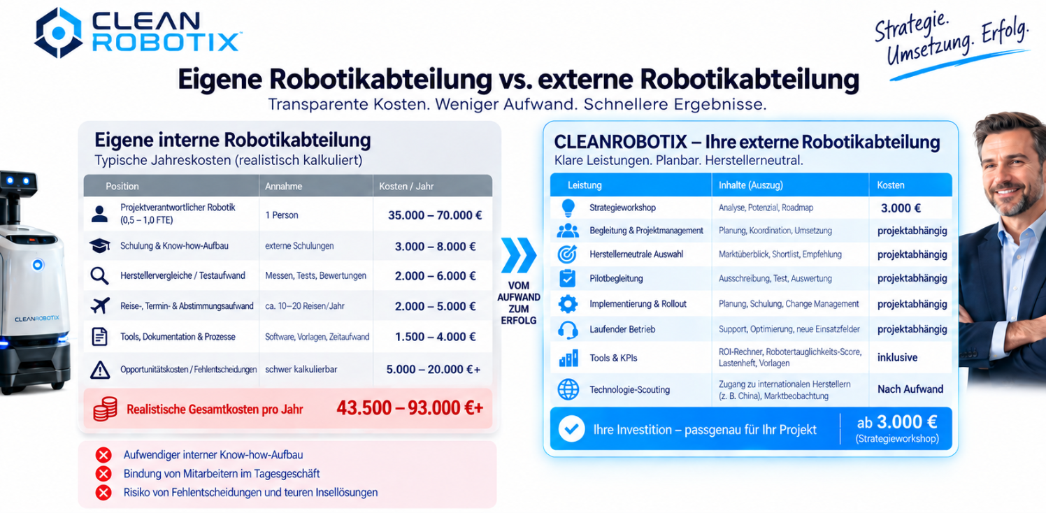 Vergleich: Eigene interne Robotikabteilung mit typischen Jahreskosten von 43.500 bis 93.000 Euro gegenüber CLEANROBOTIX als externe Robotikabteilung mit klaren Leistungen ab 3.000 Euro