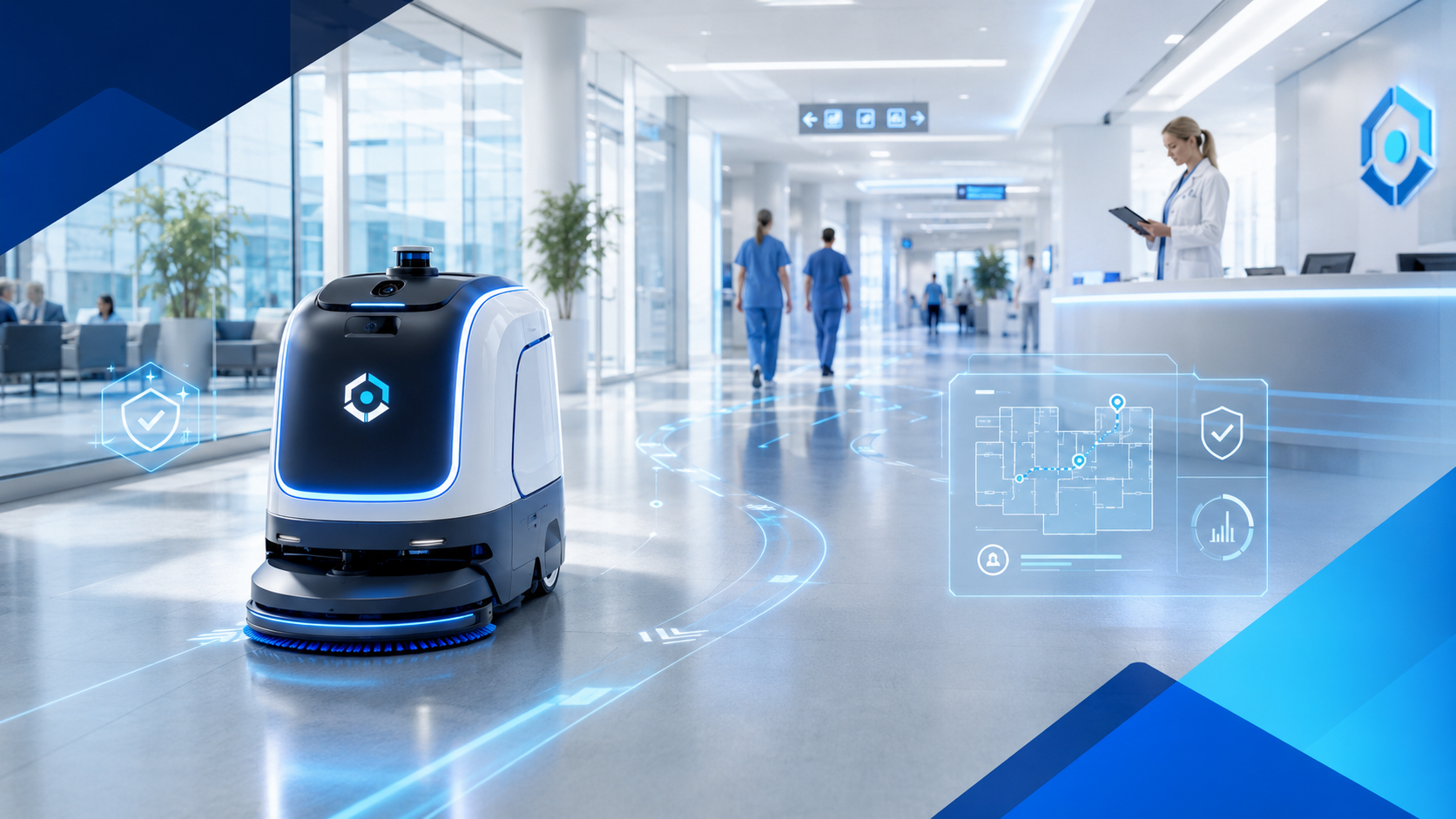 Autonomer Reinigungsroboter im Krankenhaus-Foyer mit digitaler Wegeplanung