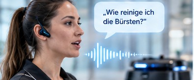 Reinigungskraft stellt CLEANVOIZ eine Frage per Sprachdialog