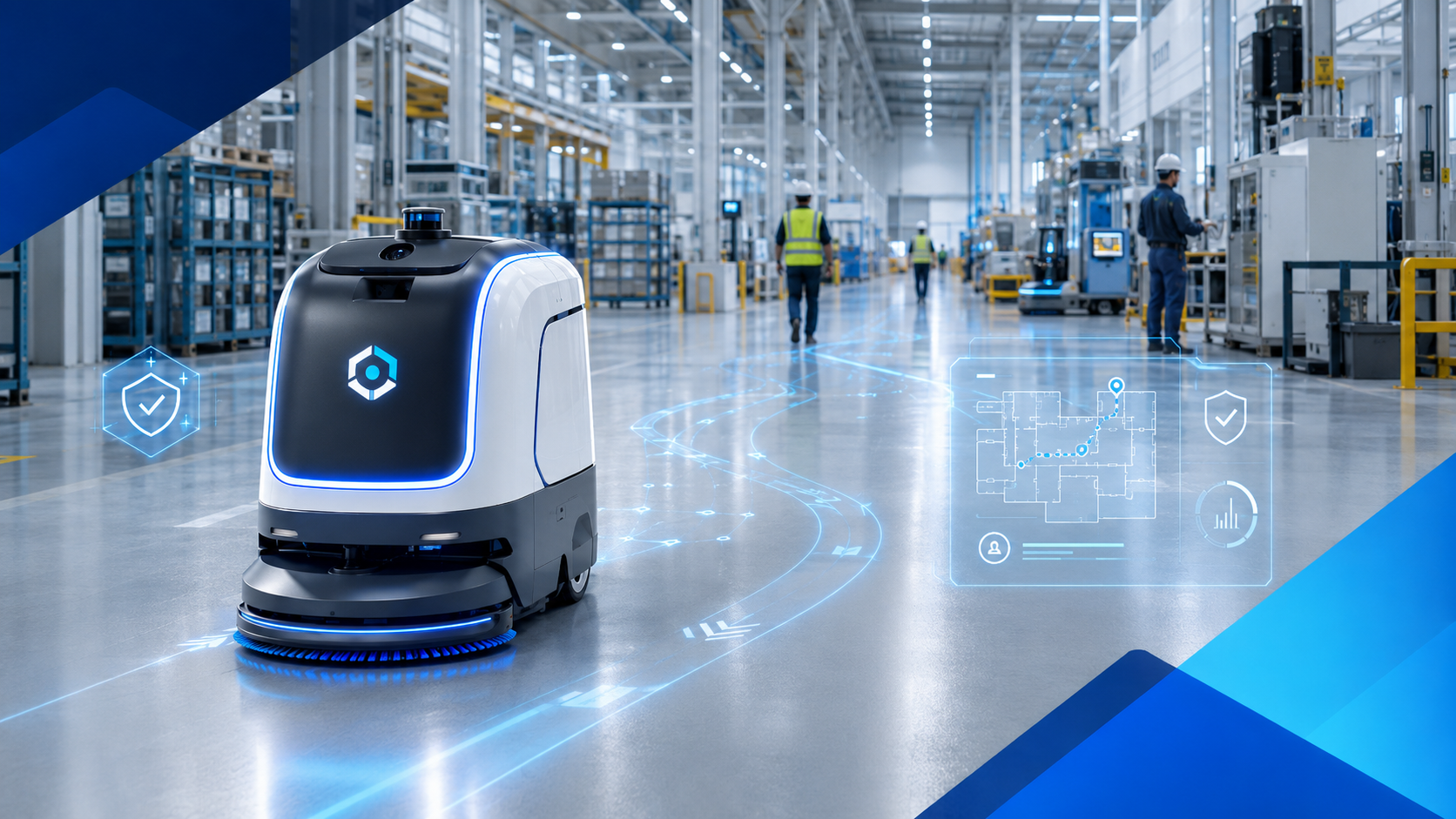 Autonomer Reinigungsroboter in einer Industriehalle mit digitaler Wegeplanung und Hinderniserkennung