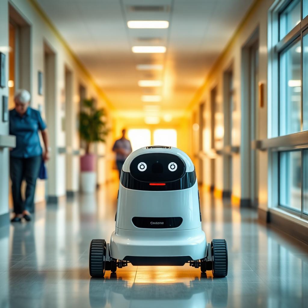 Kompakter, leiser Reinigungsroboter im Flur eines Pflegeheims