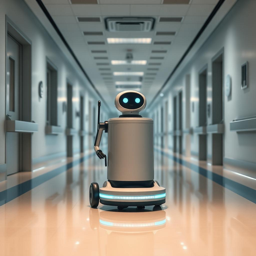 Reinigungsroboter im Klinik-Flur bei Nacht