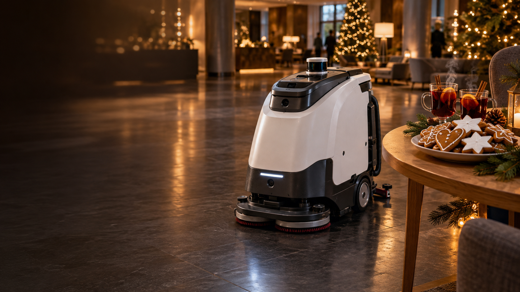 Reinigungsroboter im festlich beleuchteten Hotel mit Punsch und Lebkuchen