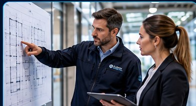 Analyse und Strategie: CLEANROBOTIX Team erarbeitet Ziele und Objektstrategie an einem Whiteboard