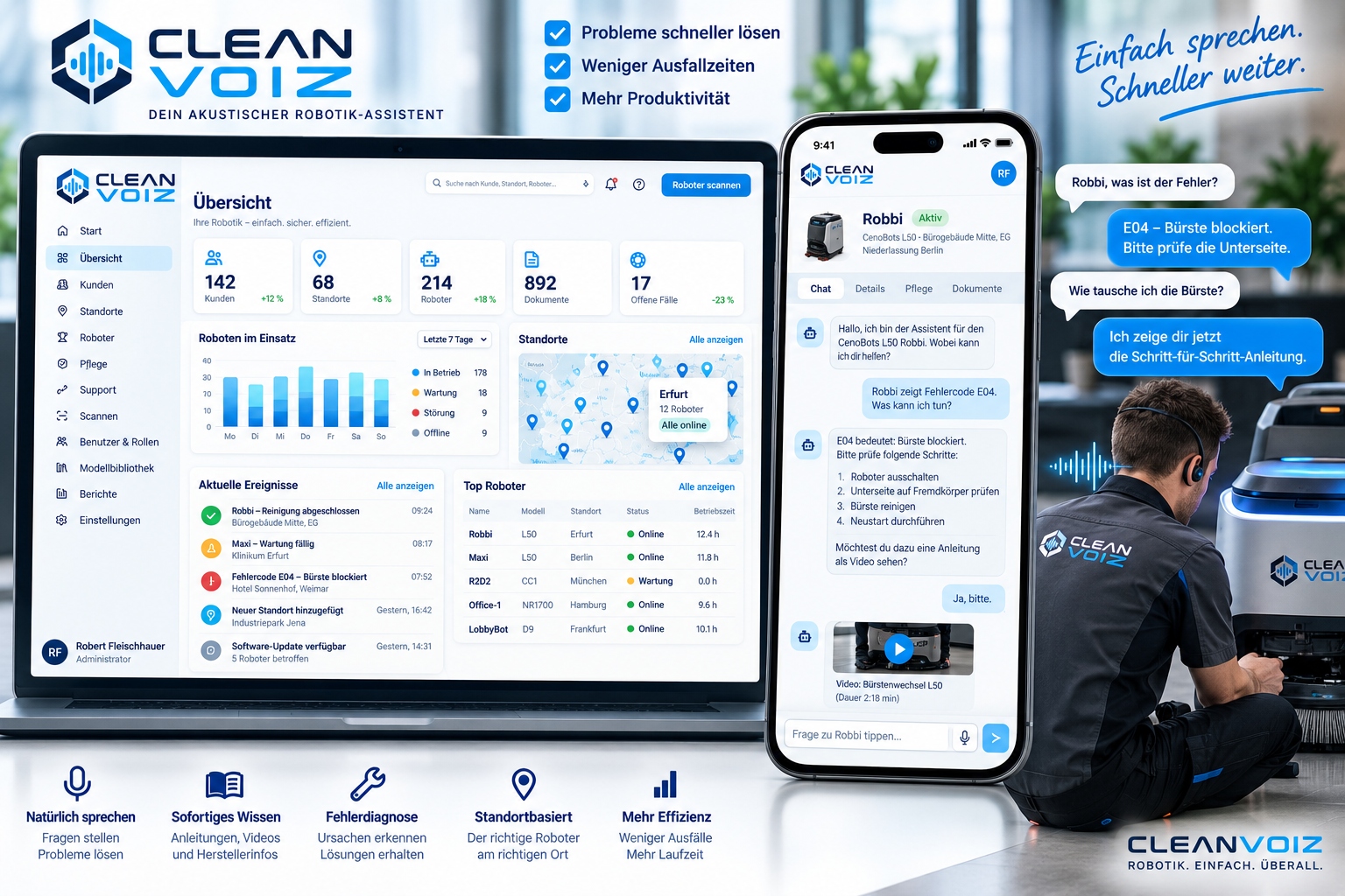 CLEANVOIZ Plattform und App: Dashboard mit Robotern, Standorten und Dokumenten sowie Sprachdialog zum Roboter Robbi per Smartphone
