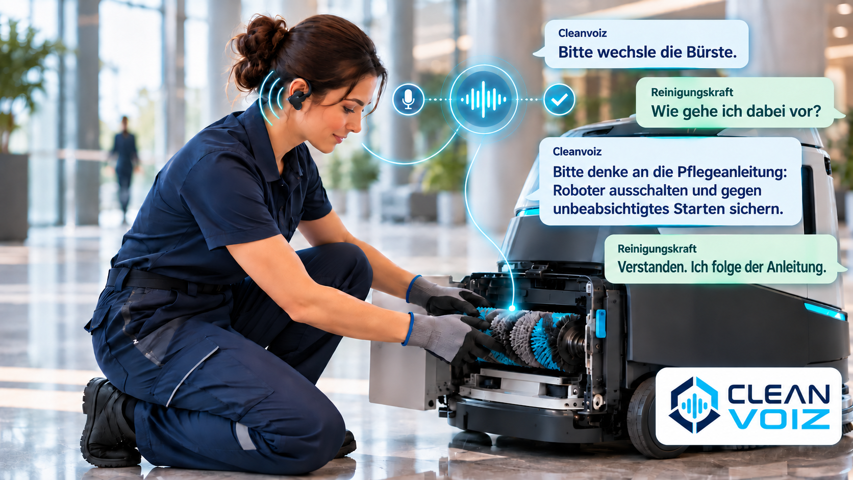 CLEANVOIZ in der Praxis: Reinigungskraft mit Headset wechselt die Bürste eines Scheuersaugroboters – Sprachdialog mit CLEANVOIZ
