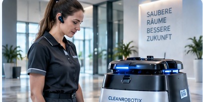 Reinigungskraft startet einen Scheuersaugroboter mit geführten CLEANVOIZ-Hinweisen