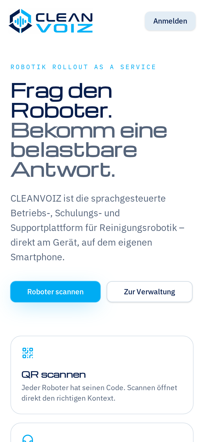 CLEANVOIZ App-Start: Frag den Roboter, bekomm eine belastbare Antwort – mit QR-Scan, Headset-Frage, freigegebenen Quellen und Eskalation in Stufen