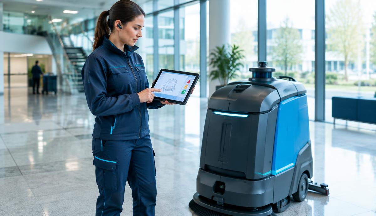 Reinigungskraft ruft Herstellerwissen für einen Reinigungsroboter ab