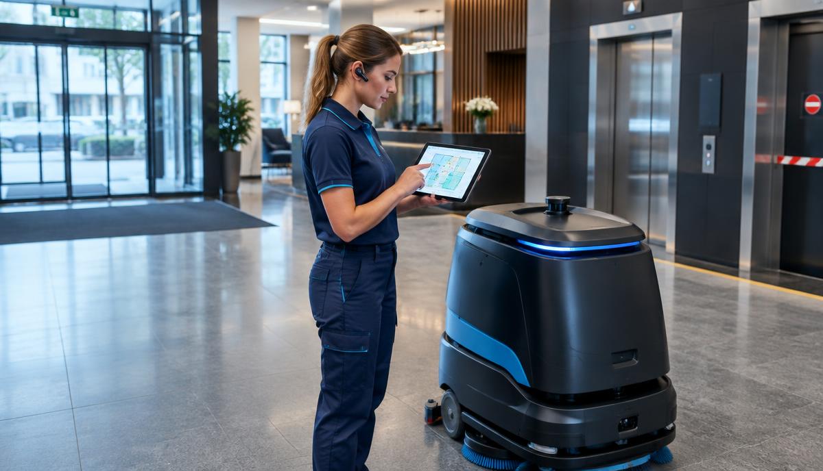 Reinigungskraft nutzt standortspezifisches Wissen für den Robotereinsatz