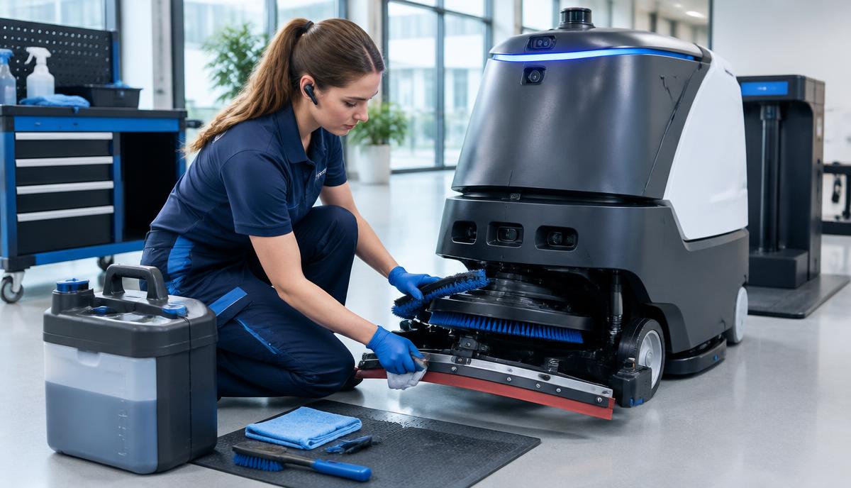 Reinigungskraft pflegt Bürsten und Sauglippen eines Reinigungsroboters