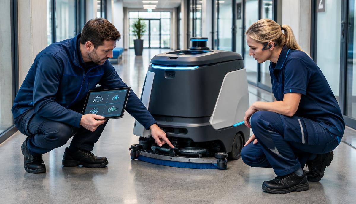 CLEANROBOTIX-Spezialist löst gemeinsam mit einer Reinigungskraft ein Problem am Roboter