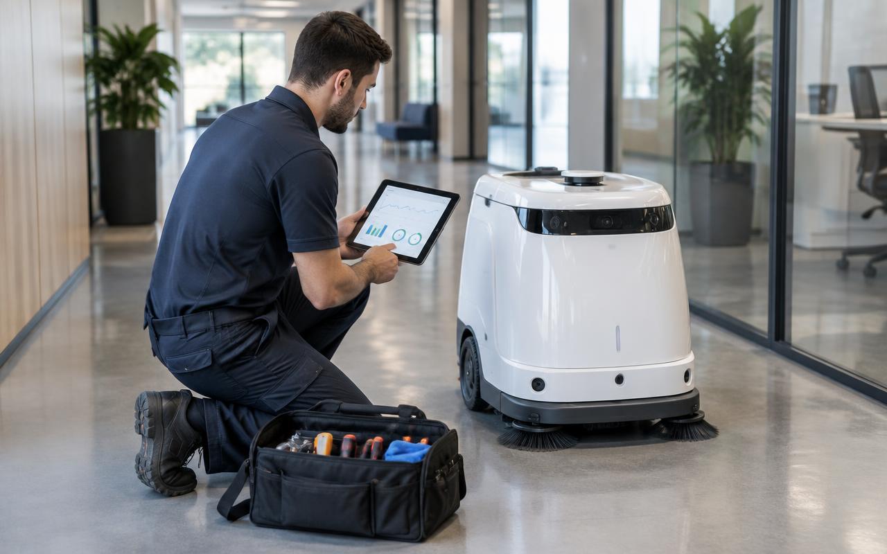 Techniker prüft Reinigungsroboter mit Tablet und Leistungsdaten im Bürokorridor