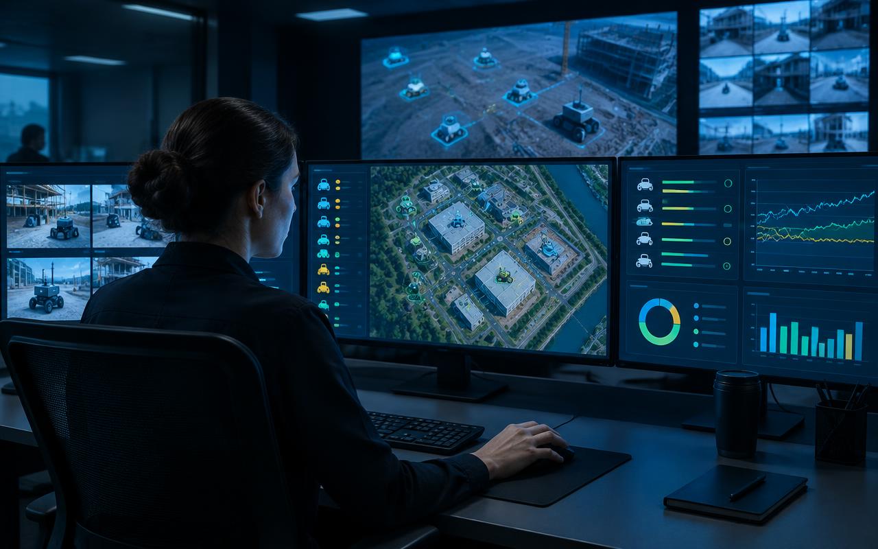 Rollout-Koordination an mehreren Monitoren mit Standortübersicht und Robotstatus